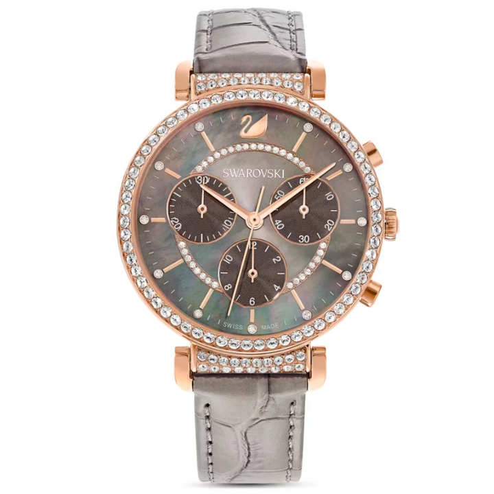 Swarovski Passage Chrono watch Swiss Made, Leather, Gray, Rose gold-tone 5580348